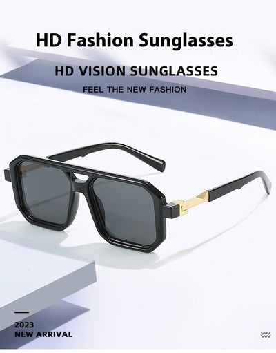 Black octagonal sunglasses with dark gray lenses and gold-colored temple accents, suitable for fashion wear. - Image 12