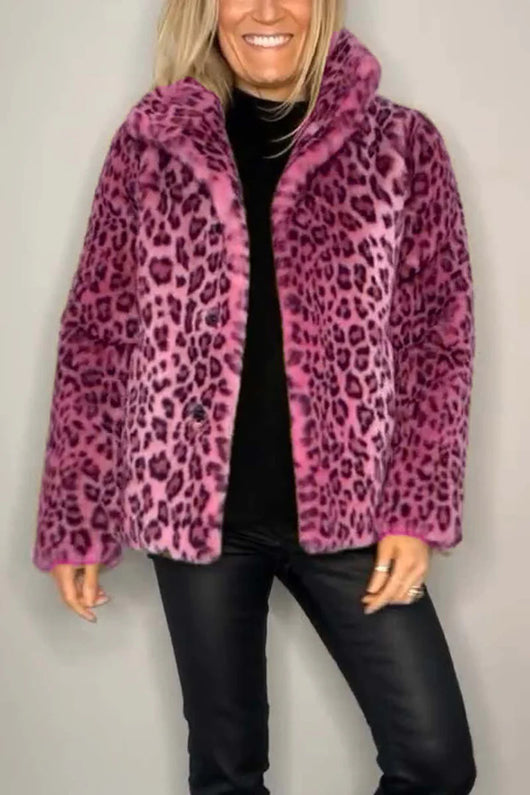 Abrigo Femenino Estampado Leopardo con Solapa y Cuero Sintético - Image 6