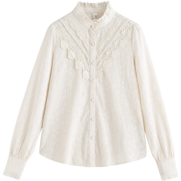 Blusa de Encaje Manga Larga Elegante Ajustada Efecto Adelgazante