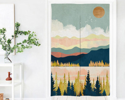 Fabric partition curtain with an abstract mountain landscape, featuring a peach sunset and flying birds, in blue, green, and cream. - Image 4