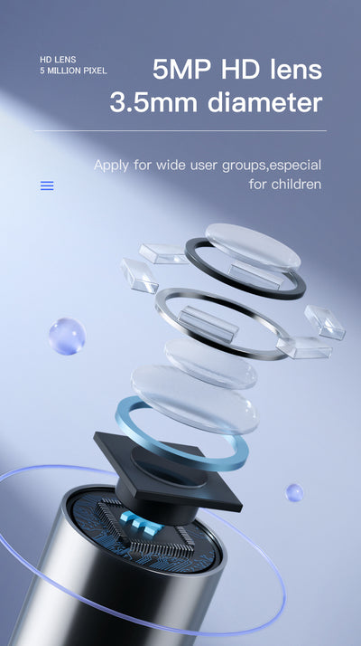 Blue wireless ear endoscope with camera, displaying an ear canal view on a smartphone, with various silicone ear spoon heads, charging cable, and storage jar. - Image 19