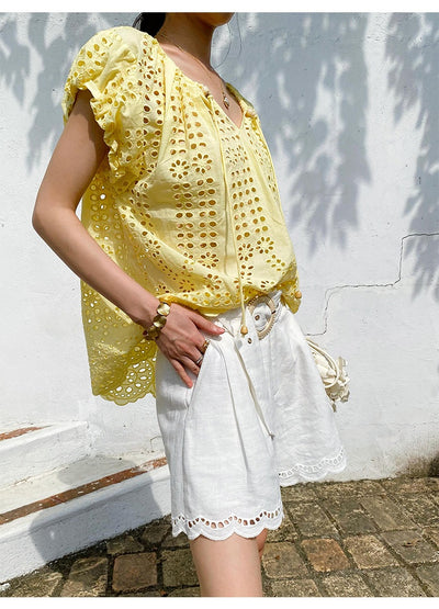 Blusa Bordada Estilo Vacacional Manga Corta Diseño Francés de Verano - Image 22