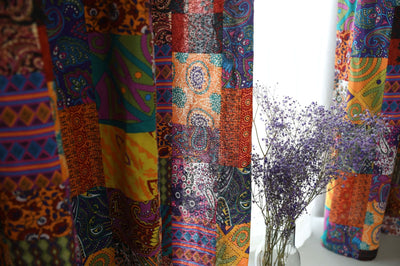 Bohemian retro style cotton linen curtains with a vibrant geometric patchwork pattern, one tied back with a rope. - Image 17