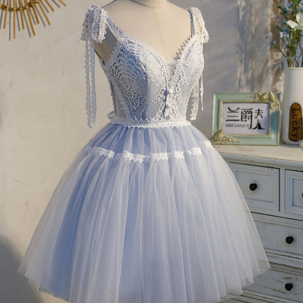 Vestido Corto Fantasy Azul con Falda Tul y Encaje Esponjoso