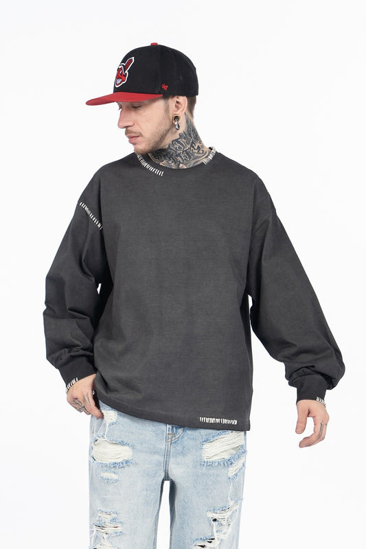 Camiseta Manga Larga Oversize Tejida a Mano para Hombre - Algodón Pesado - Image 2