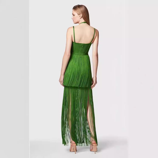 Vestido de Fiesta Verde Esmeralda con Tirantes Finos y Detalles de Borlas - Image 4