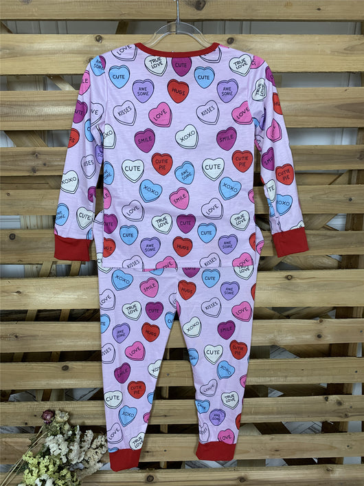 Pink long-sleeve pajama set with a conversation heart print, red Henley neckline, and matching full-length pants. - Image 16