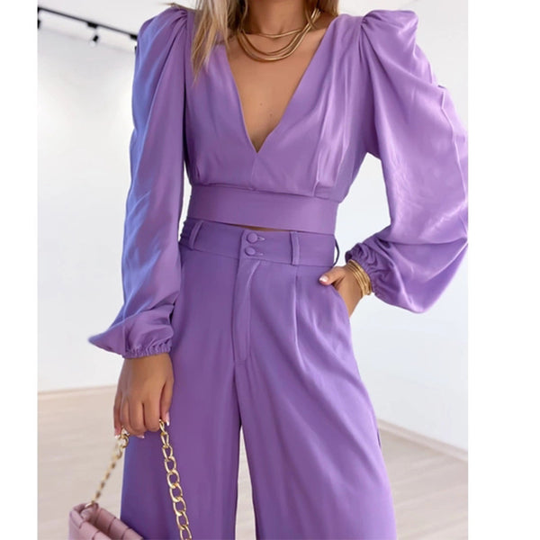 Conjunto Elegante de Blusa V-Neck y Pantalón Wide Leg de Cintura Alta - Image 6