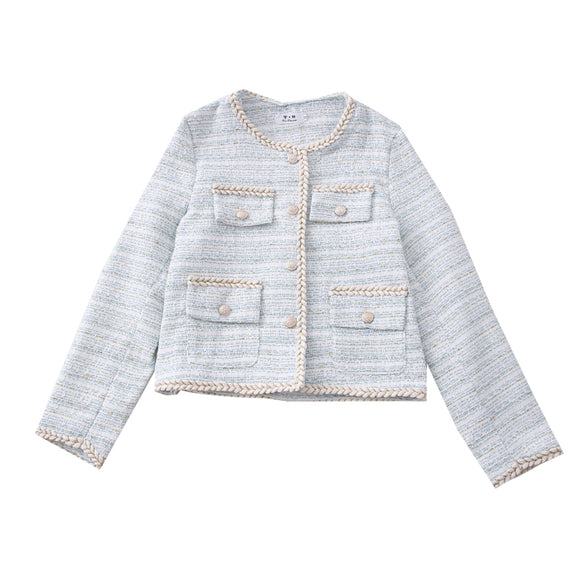 Blazer Corto de Seda Tejida con Botones Simples y Mangas Largas