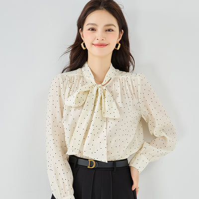 Blusa de Lunares con Moño Streamer de Manga Larga Versátil - Image 3