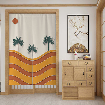 Modern fabric door curtain with abstract green mountains, a dancer silhouette, and a mustard yellow lower section. - Image 9