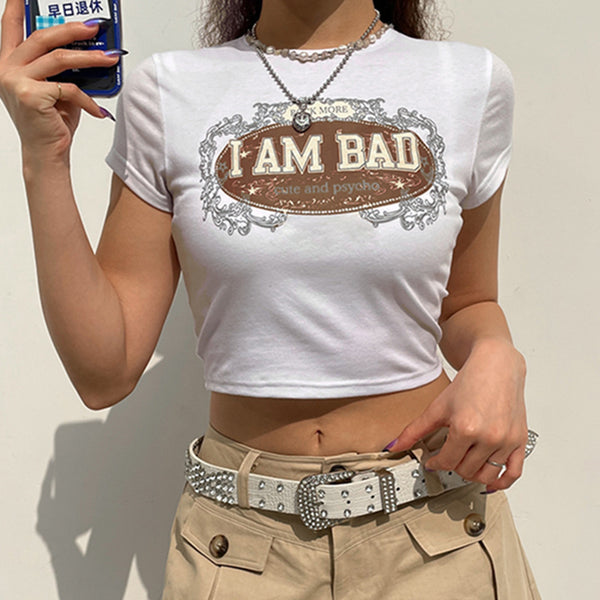 Blusa Cropped Cuello Redondo con Estampado de Letras