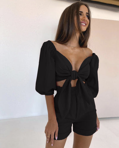 Conjunto Casual Mujer: Cardigan Lanterna Manga Ancha + Short Wide Leg con Bolsillos - Image 43