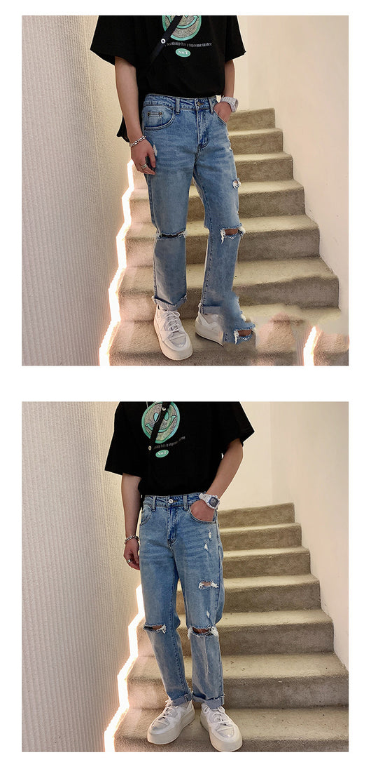 Pantalones Vaqueros Rotos Hombre Estilo Retro Japonés Cintura Suelta Pierna Recta - Image 3