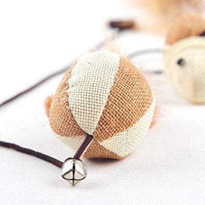 Wooden cat wand toy with a brown string, a small silver bell, a cream fabric mouse, and light brown feathers. - Image 25