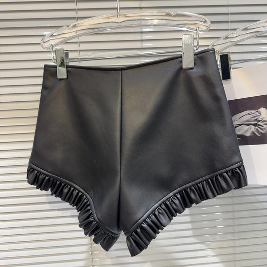Short de Cuero PU con Encaje Plisado y Cordón Ajustable - Estilo Dark Hot Girl - Image 3