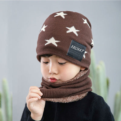 Brown knitted beanie with white five-pointed stars and a matching fleece-lined neck warmer on a man. - Image 13