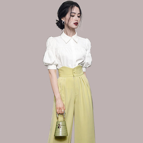 Conjunto Elegante: Blusa con Mangas Abullonadas y Pantalón Talle Alto Pierna Ancha