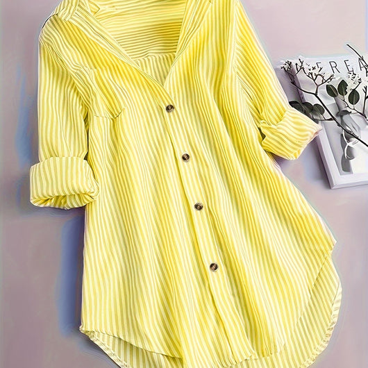 Camisa Casual Suelta a Rayas con Botones y Mangas Largas para Mujer - Image 11