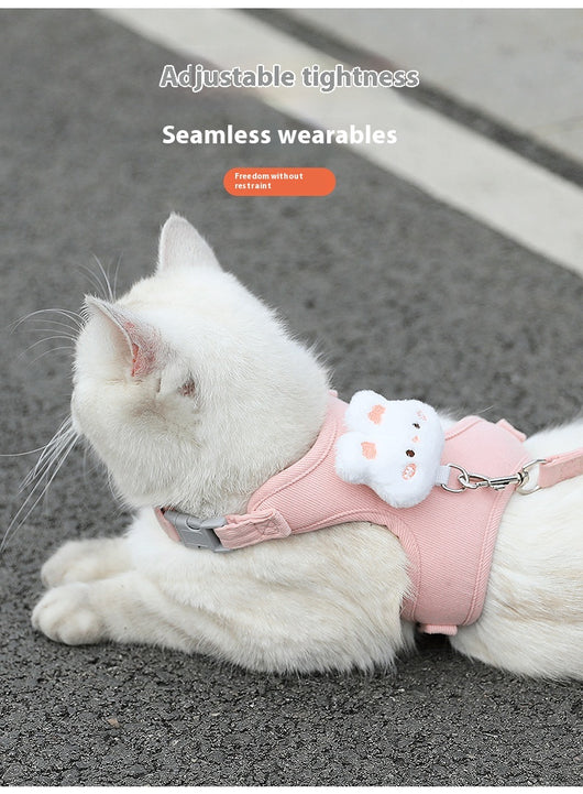 Pink corduroy pet harness and leash set with a white plush rabbit design, shown with a size chart. - Image 11