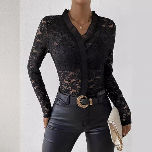 Blusa Elegante de Encaje Paisley con Volantes de Diseño Europeo - Image 4