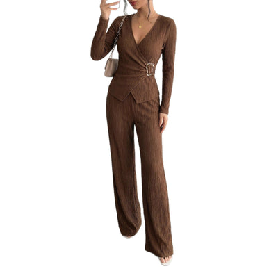 Conjunto de Pantalón y Blusa Cruzada de Manga Larga en Color Sólido para Mujer - Image 5