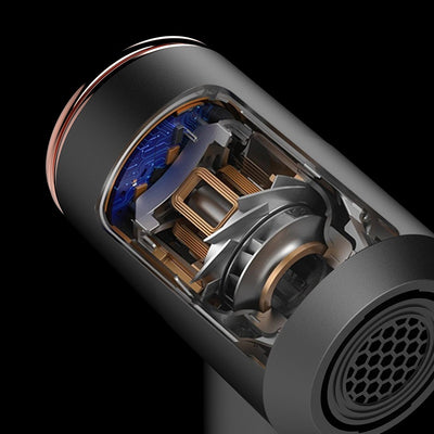 Dark gray high-power anion hair dryer with rose gold accents, two concentrator nozzles, and a diffuser. - Image 5