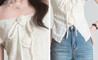 Blusa Floral Tridimensional Estilo Francés Manga Corta - Image 6