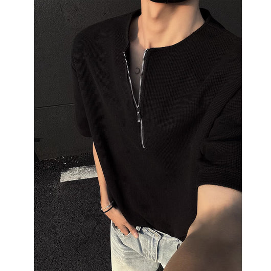 Playera Manga Corta Cuello Medio Cierre con Textura Waffle para Hombre - Image 5