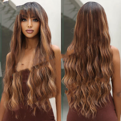 Peluca Larga Rizada Flequillo Marrón Degradado - Cabello Sintético Premium - Image 5