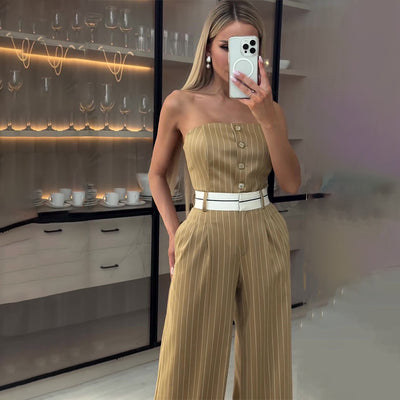 Jumpsuit de Tubo Rayado con Cintura Alta y Hombros Descubiertos - Pantalón Ancho para Mujer - Image 3