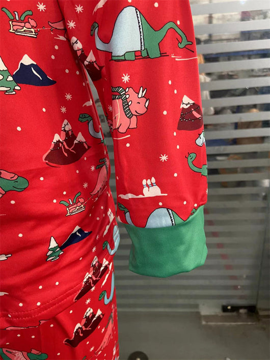 Red long-sleeved men's pajama set with a festive dinosaur and Christmas tree print, featuring green cuffs. - Image 26