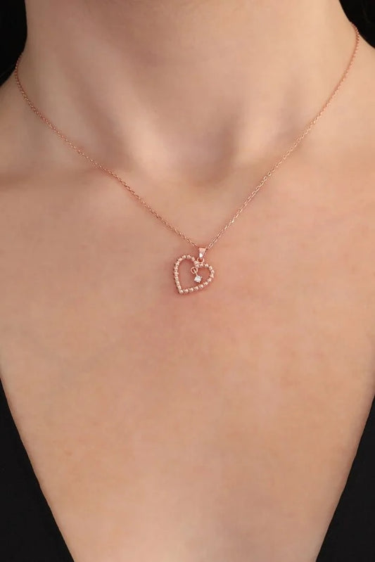 Collar de Plata 925 Corazón Solitario Chapado en Oro Rosa con Circón Blanco