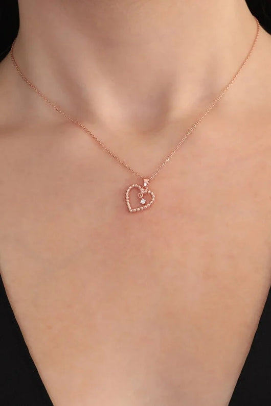 Collar de Plata 925 Corazón Solitario Chapado en Oro Rosa con Circón Blanco