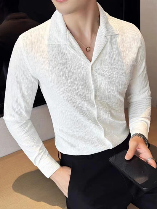 Camisa Manga Larga Cuello Cubano con Pliegues para Hombre - Image 13