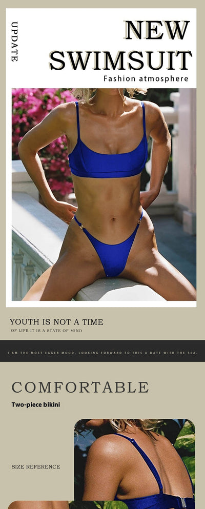 Woman wearing a royal blue two-piece bikini swimsuit with a scoop neck top and high-cut thong bottoms. - Image 10