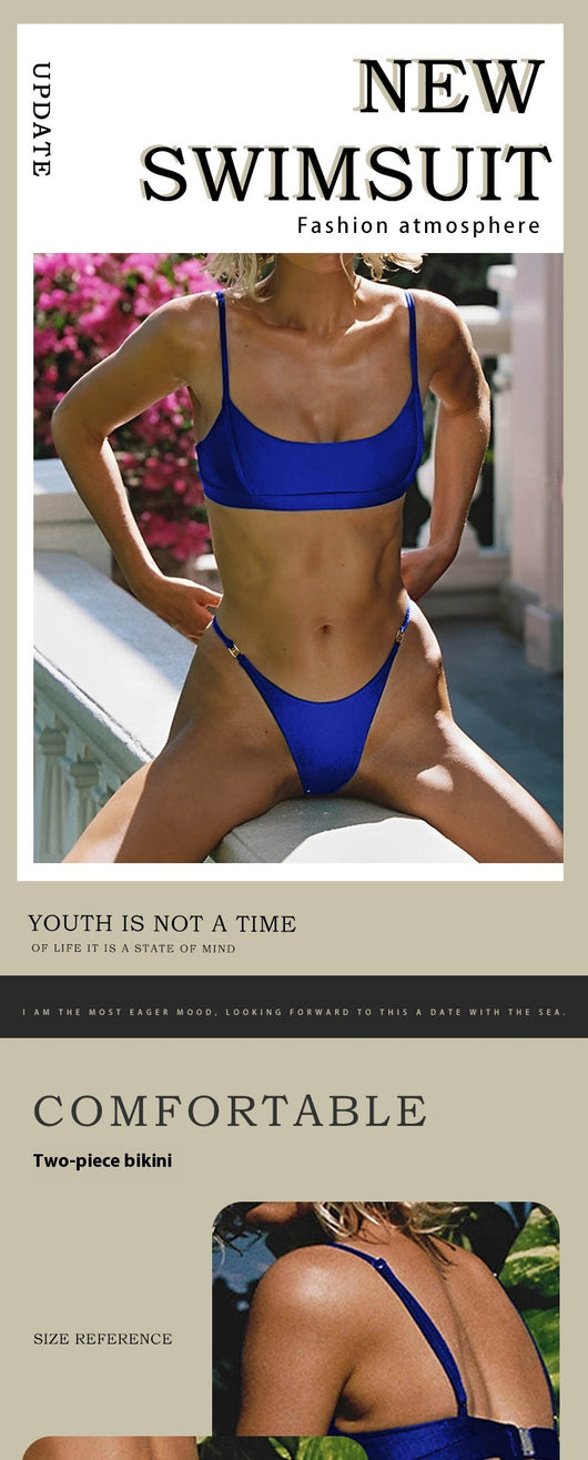 Woman wearing a royal blue two-piece bikini swimsuit with a scoop neck top and high-cut thong bottoms. - Image 10