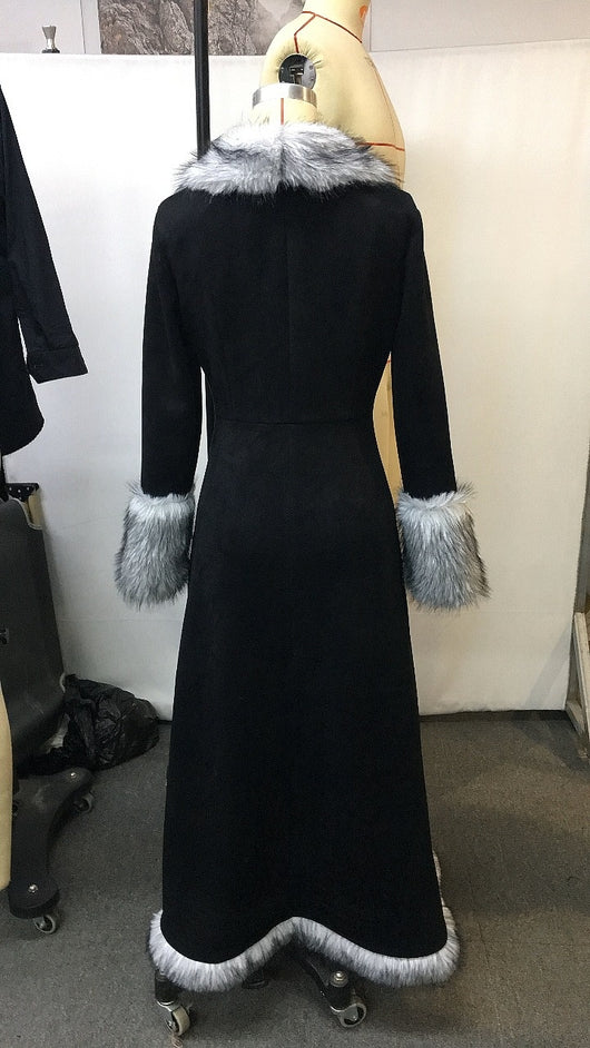Abrigo Largo Mujer Invierno Estilo Étnico Retro Gamuza con Borde de Pelaje Sintético Negro - Image 4