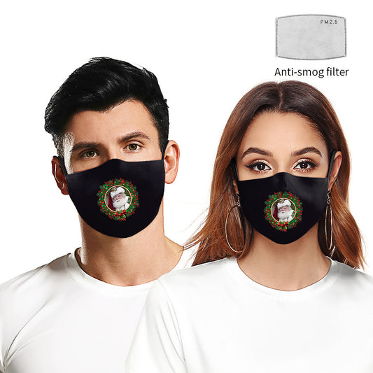 Black adult dust mask with a Christmas wreath design featuring Santa Claus in the center. - Image 2