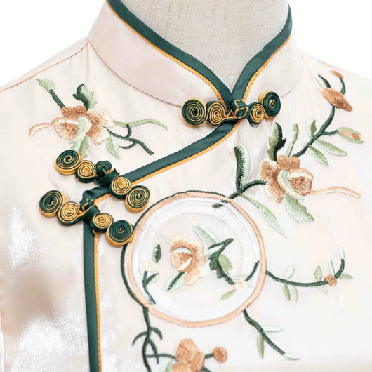 Vestido Cheongsam Disco con Bordado Floral Durazno y Beige - Image 5