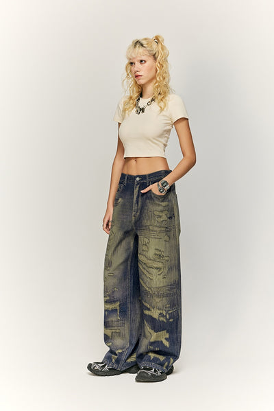 Pantalones Denim Ancho Estilo Urbano Americano con Estampado para Hombre - Image 8