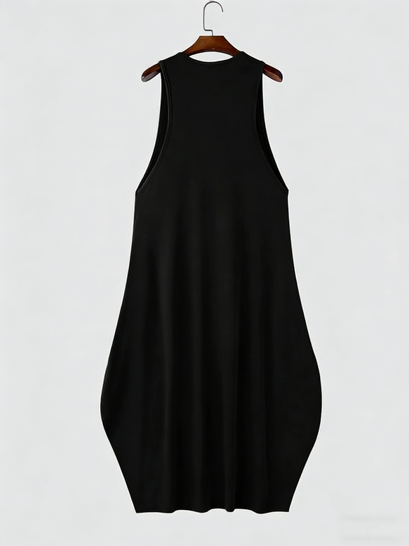 Vestido Maxi Flare Negro Hombre Cuello en U Sin Mangas Cintura Alta