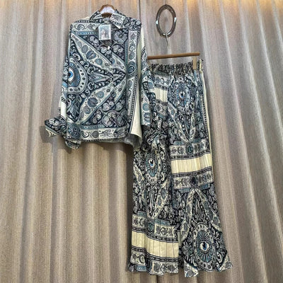 Conjunto de Dos Piezas: Blusa Estampada Personalizada + Pantalón Ancho de Cintura Alta