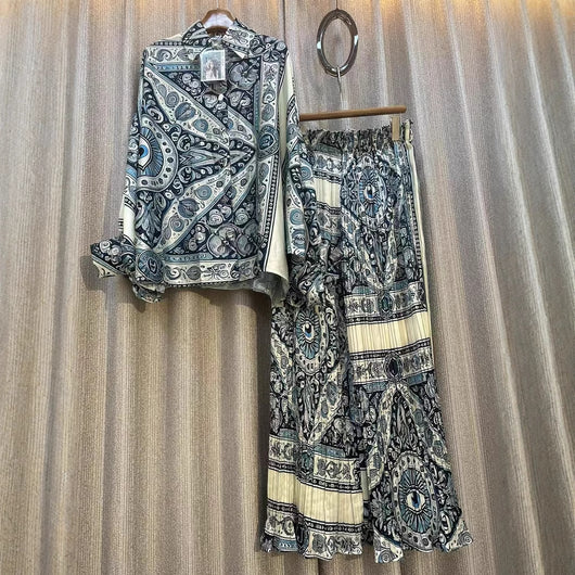 Conjunto de Dos Piezas: Blusa Estampada Personalizada + Pantalón Ancho de Cintura Alta