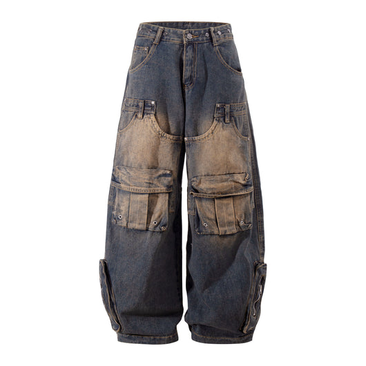 Pantalones Cargo Vintage Desgastados Multi-bolsillos Pierna Ancha Suelta - Image 6
