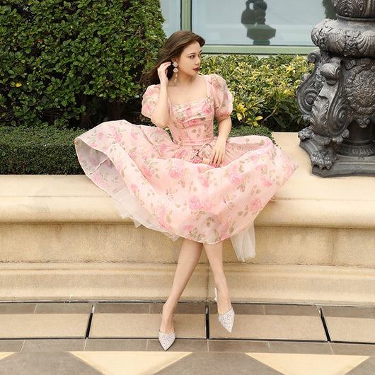 Vestido Fairy Vintage con Estampado y Cintura Ajustada
