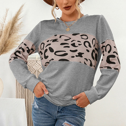 Suéter Tejido Estampado Leopardo Cuello Redondo con Parches de Contraste para Mujer - Image 3