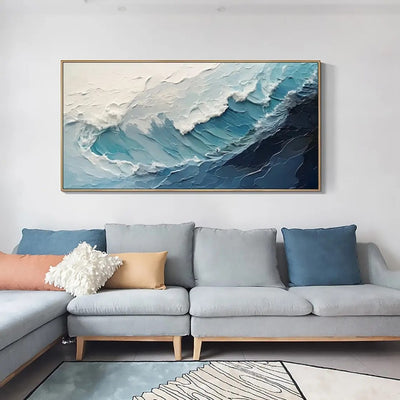 Cuadro Óleo Abstracto Grandes Dimensiones Olas Océano Azul y Blanco Texturizado para Sala - Image 7