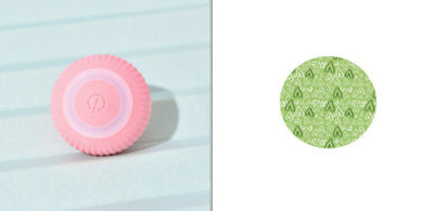 Pink round electronic cat toy with power symbol and a circular cat play mat with cartoon animals and pink border. - Image 12