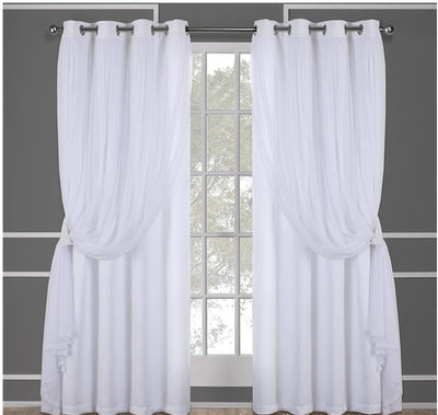 Dark blue double layer shading curtains with white sheer lace overlays, hung on a silver grommet rod. - Image 19